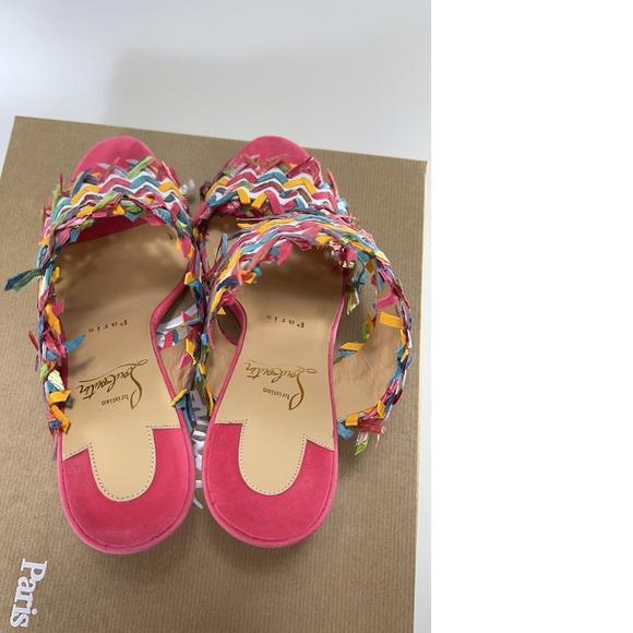 Meroine Pink Rainbow Woven 85mm raffia fringe heels mules D973 - Picture 6 of 11